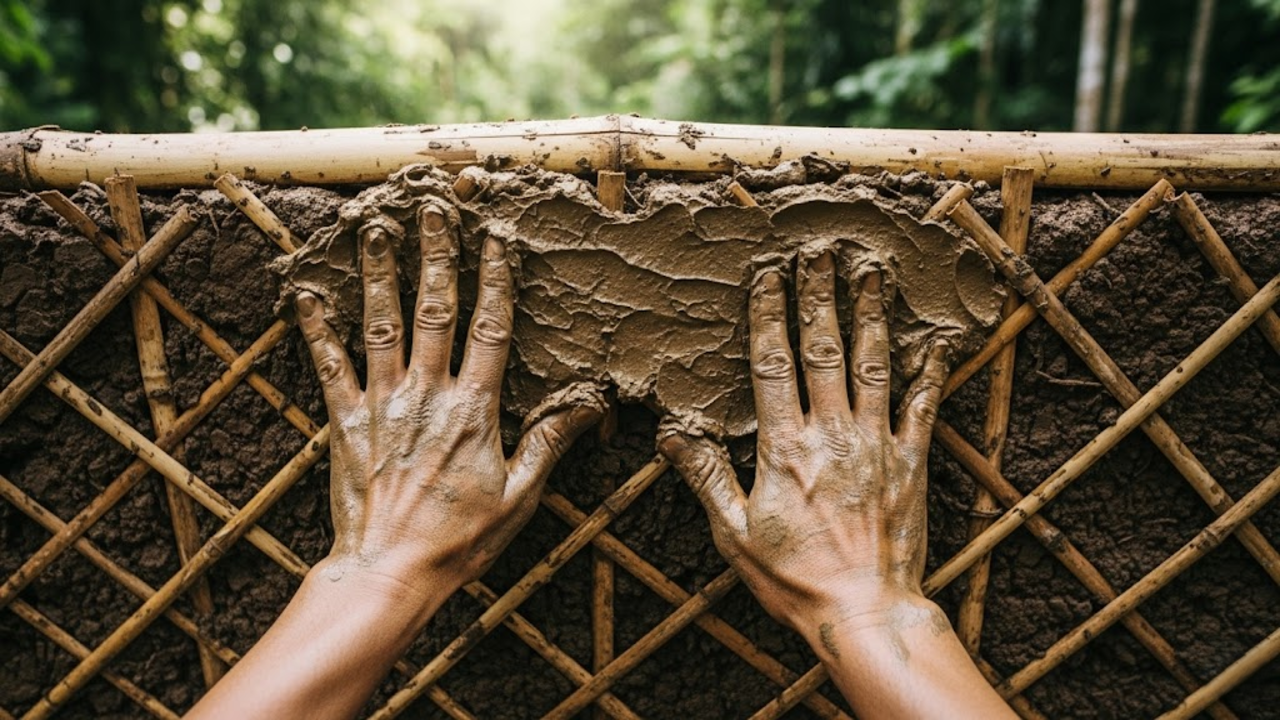 POV: Mãos sujas de barro moldando parede de terra e bambu na selva
