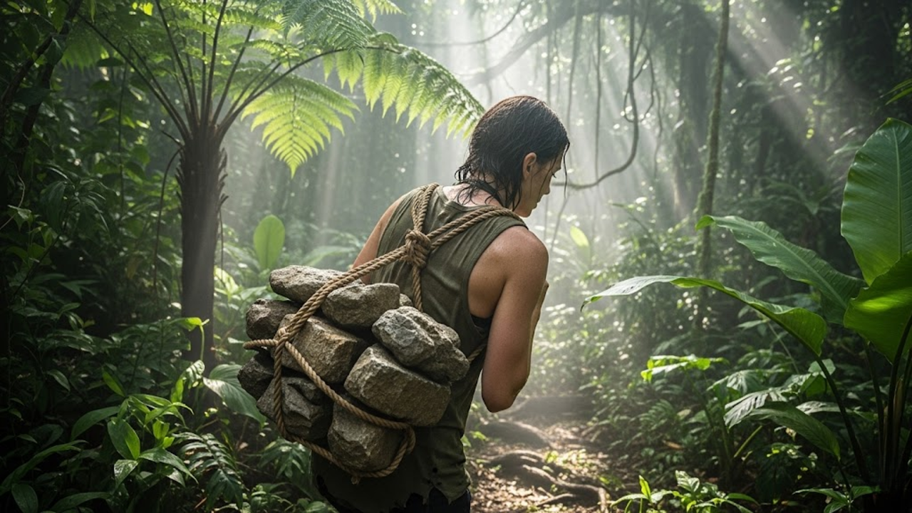 Visão sobre o ombro de mulher carregando pedras pesadas na floresta úmida.