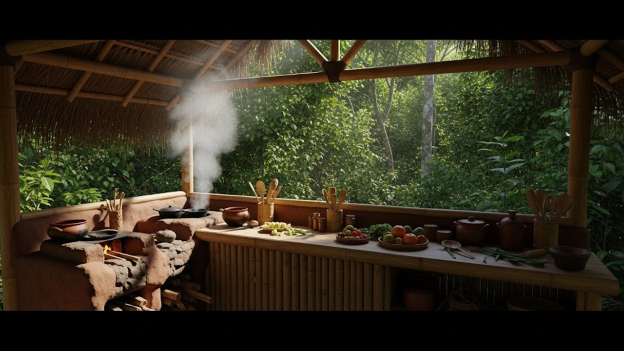 Cozinha externa rústica de bambu e terra com fumaça suave na selva