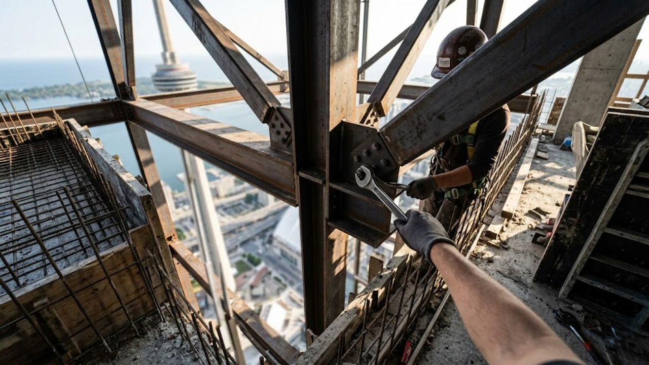 Mão de obra na estrutura massiva de aço e concreto do 106º andar