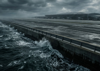 Pista de aeroporto artificial perigosamente próxima das águas turbulentas do oceano