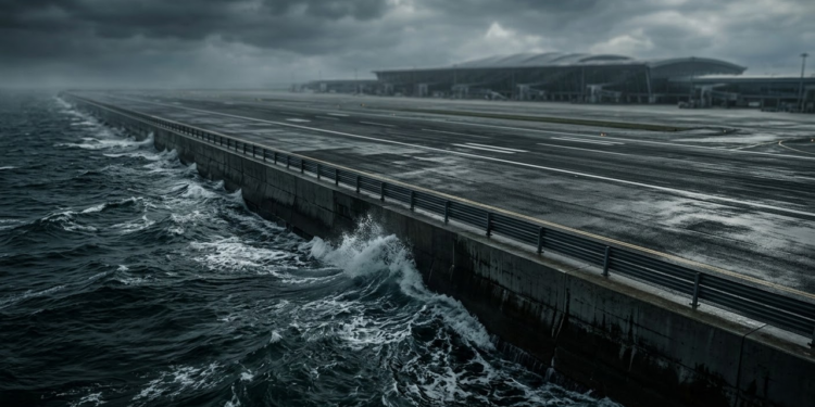 Pista de aeroporto artificial perigosamente próxima das águas turbulentas do oceano