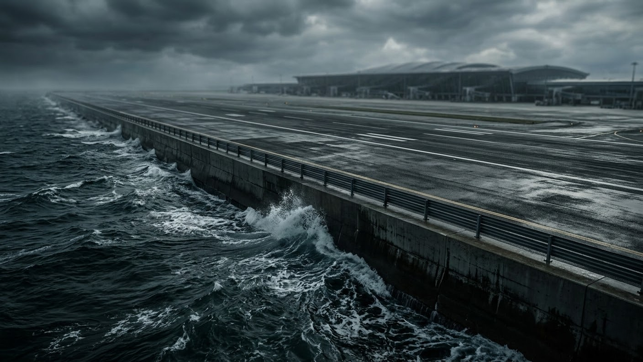 Pista de aeroporto artificial perigosamente próxima das águas turbulentas do oceano