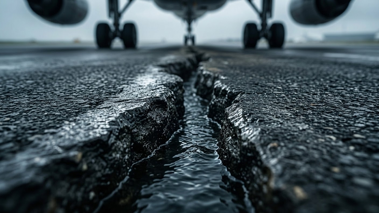 Detalhe macro de água do mar vazando por rachaduras no asfalto pesado