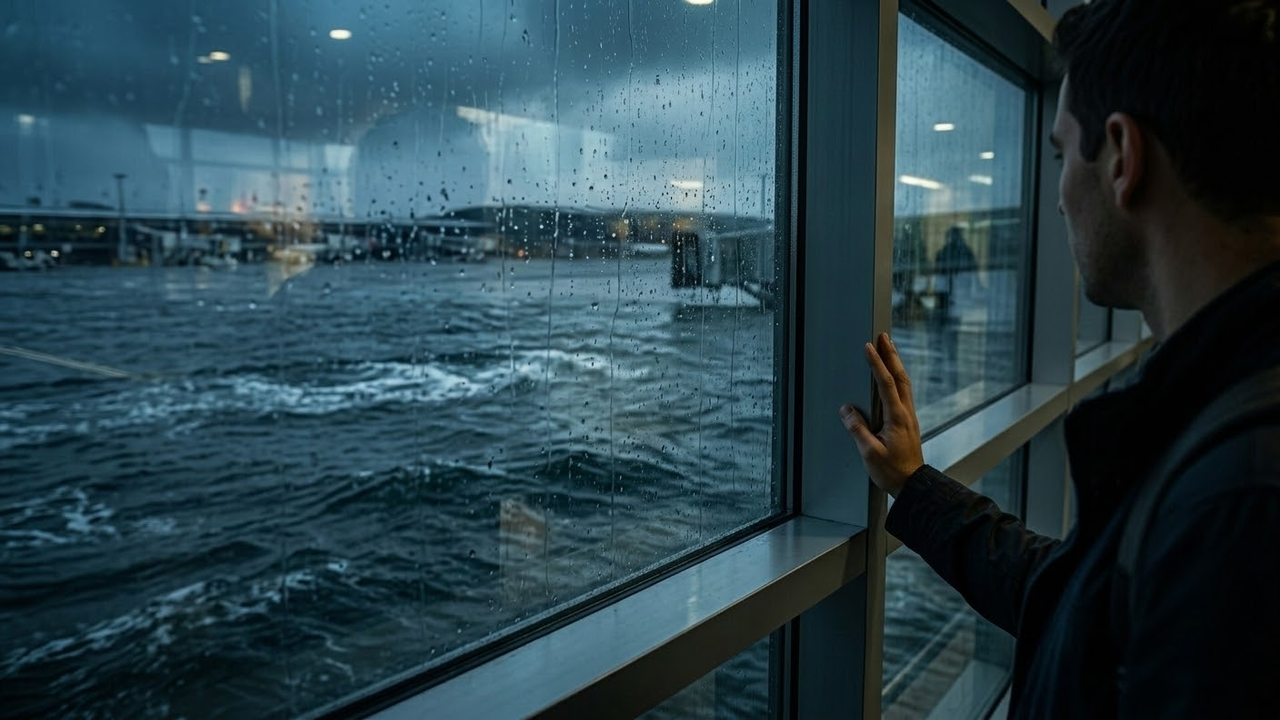 Visão tensa de passageiro olhando pista de pouso inundada pela janela do terminal