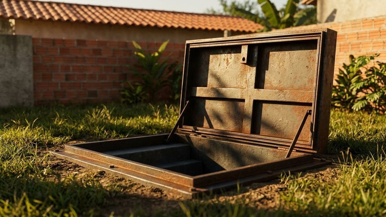 Escotilha de metal pesado aberta no gramado de um quintal