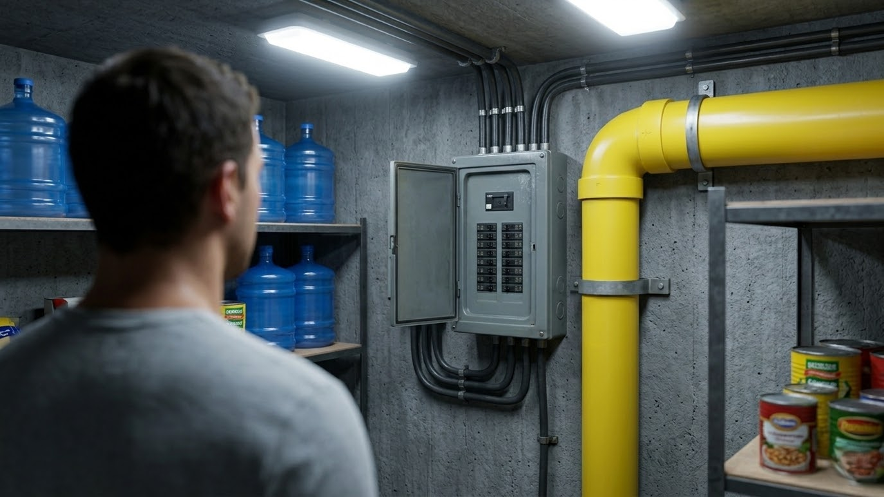 Visão ampla do sistema de ventilação e painel elétrico no bunker