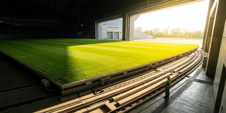 Campo de grama gigante deslizando para fora do estádio ao sol.