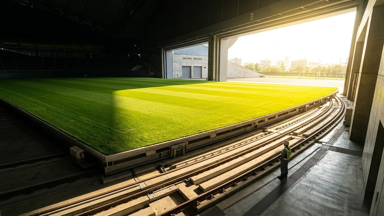 Campo de grama gigante deslizando para fora do estádio ao sol.