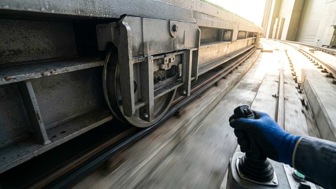 Close-up da mão do engenheiro controlando o mecanismo do campo móvel