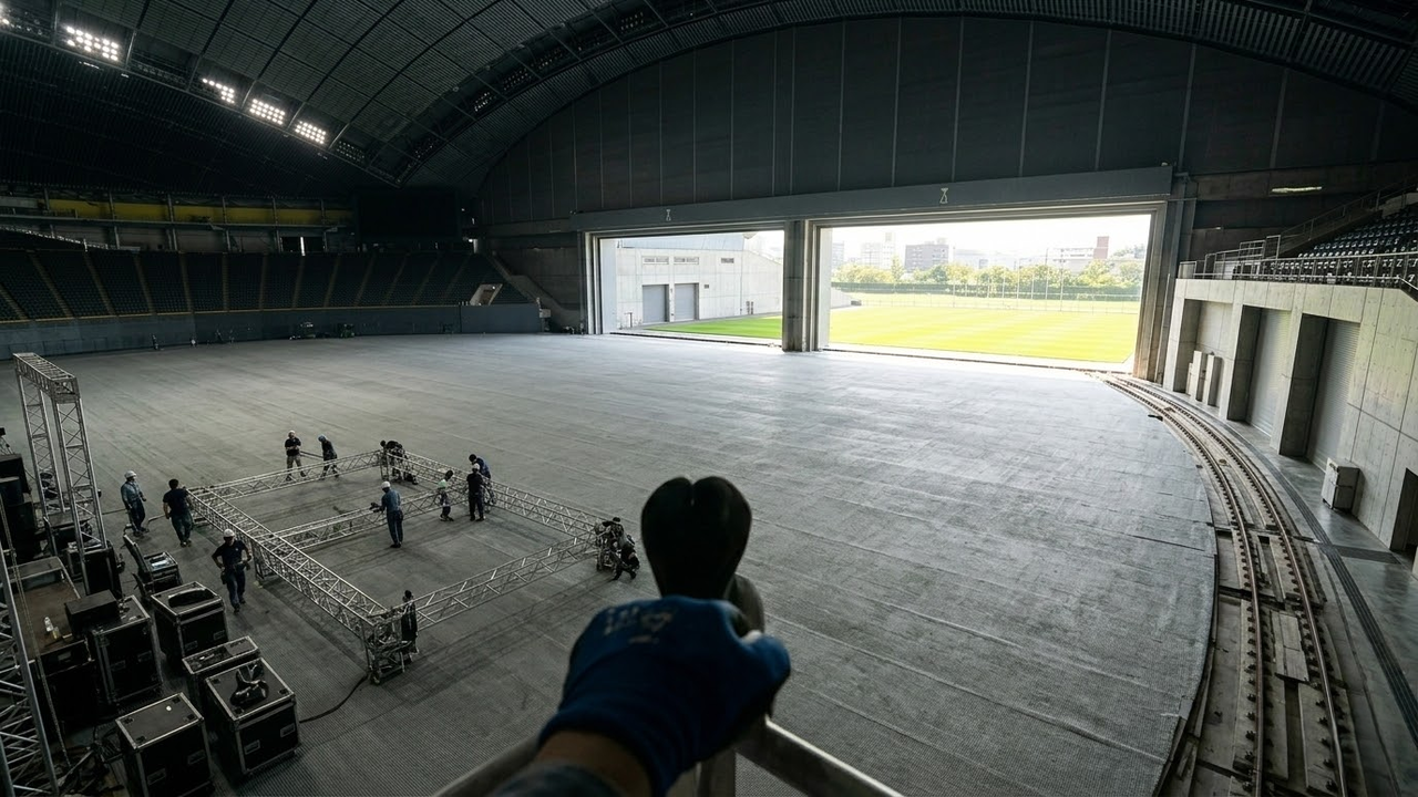Visão interna do estádio com piso sintético exposto e campo lá fora.
