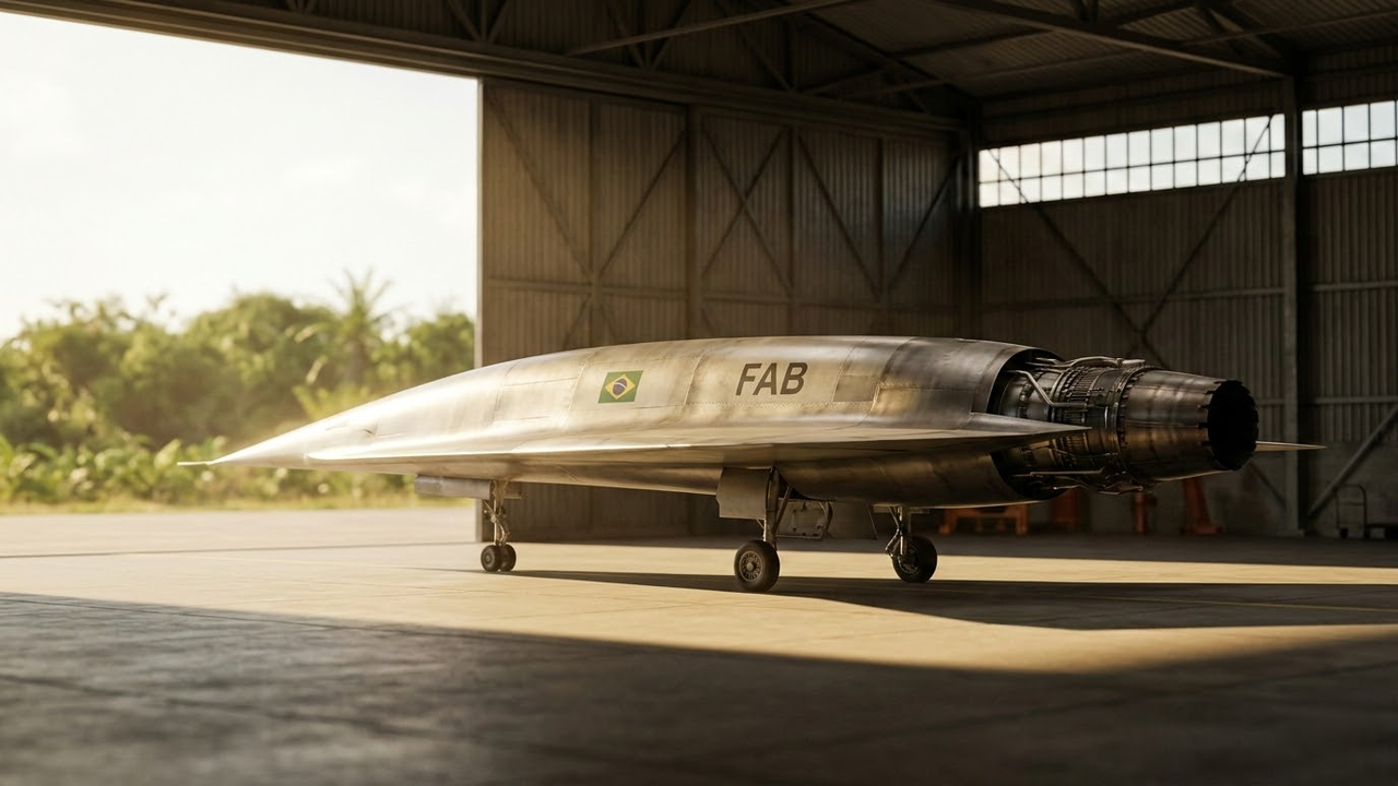 Planador hipersônico 14-X da FAB metálico em um hangar iluminado pelo sol