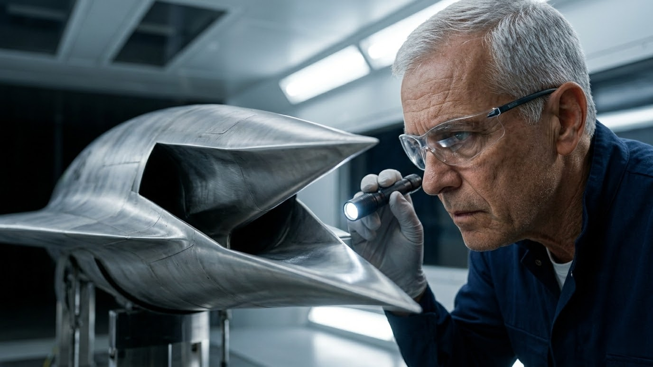 Engenheiro aeroespacial mais velho inspecionando o motor do 14-X no túnel de vento