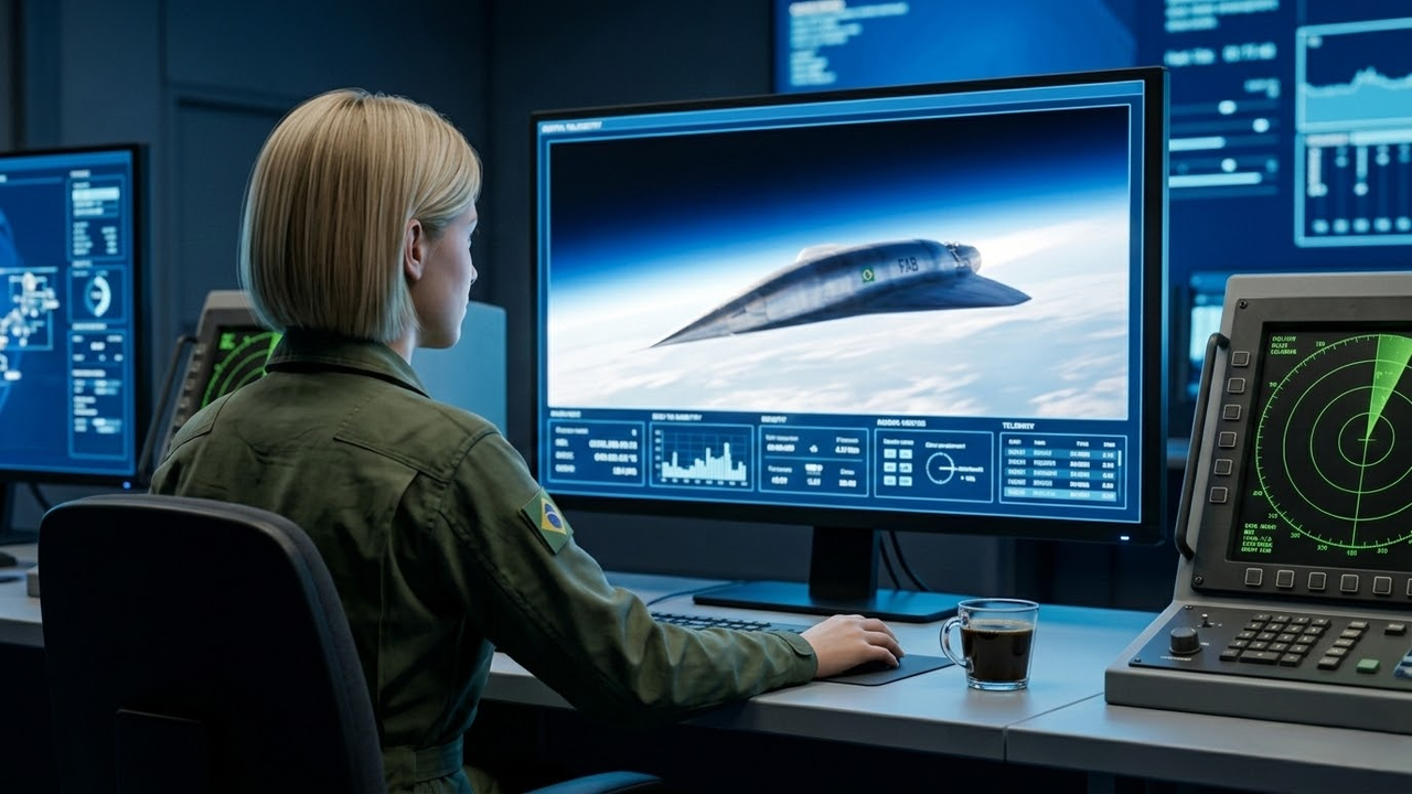 Operadora loira de cabelo curto monitorando o voo do 14-X na base militar