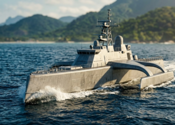 Navio autônomo Sea Hunter cinza cortando as ondas em uma costa tropical