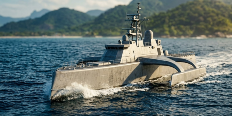 Navio autônomo Sea Hunter cinza cortando as ondas em uma costa tropical