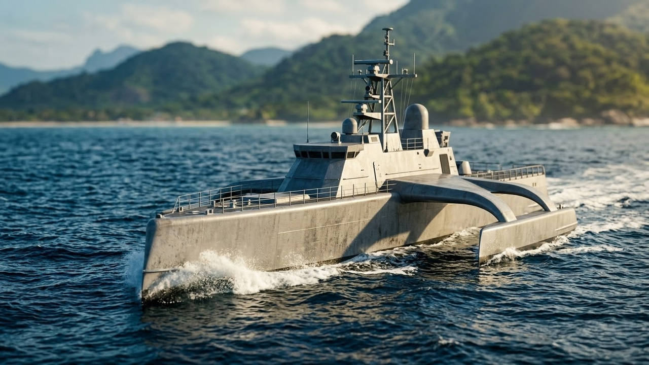 Navio autônomo Sea Hunter cinza cortando as ondas em uma costa tropical