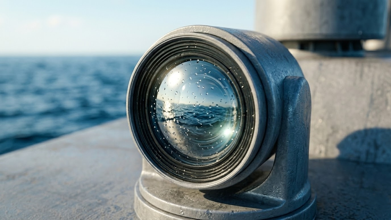 Close-up da lente de câmera molhada guiando o navio autônomo no mar