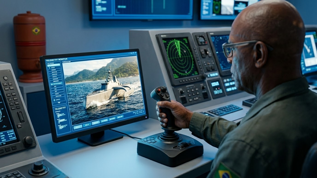 Operador naval negro e experiente controlando o navio por joystick na base