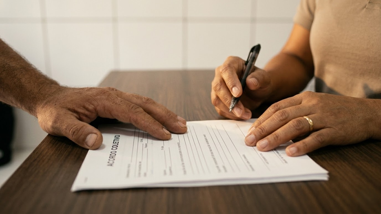 Mãos de funcionário e patrão negociando acordo sobre balcão de madeira