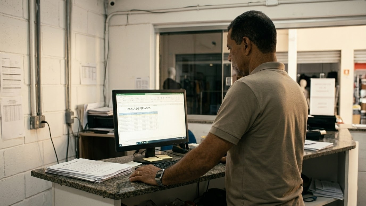 Lojista planeja escalas de feriado em escritório simples e realista