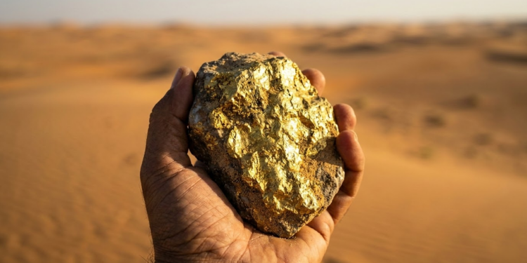 Geólogo segura fragmento de ouro bruto sob a luz do pôr do sol no deserto