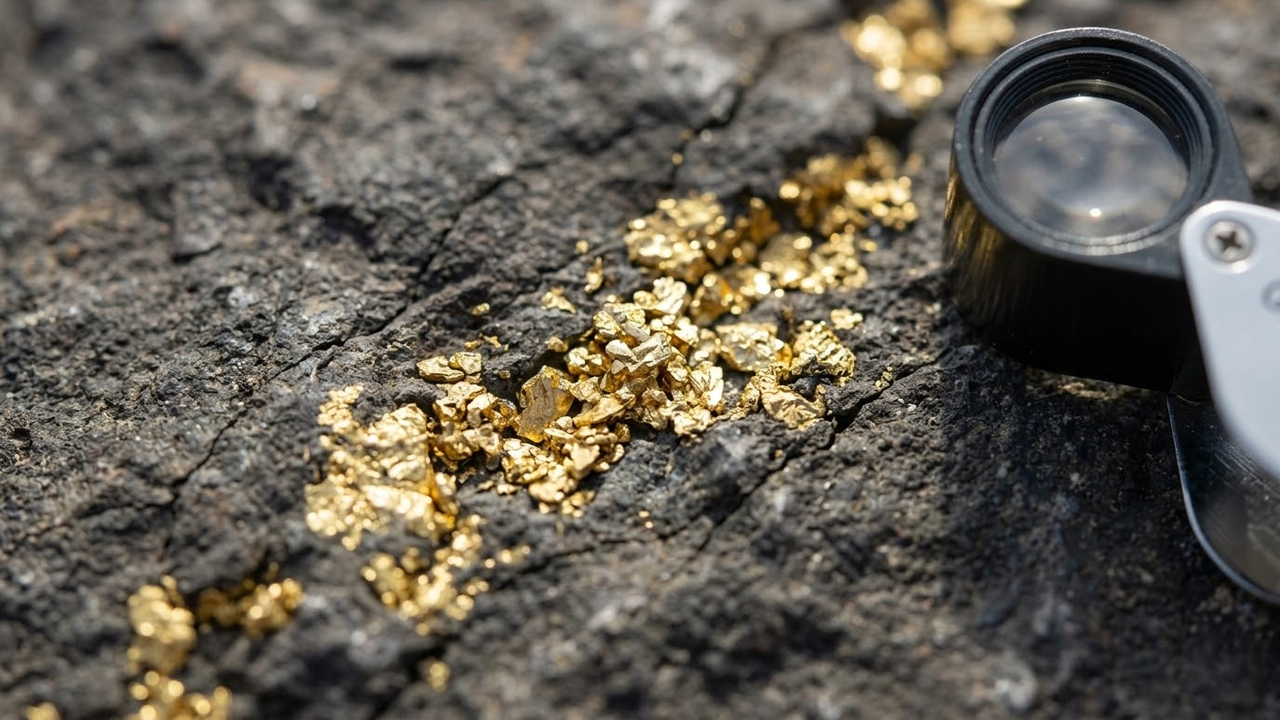 Close macro de uma veia de ouro puro incrustada em rocha vulcânica antiga.