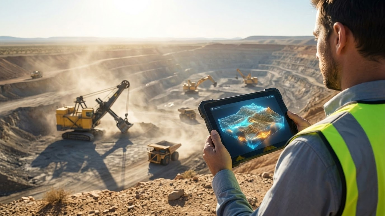 Engenheiro observa mapeamento digital da reserva gigante sobre o canteiro de obras.