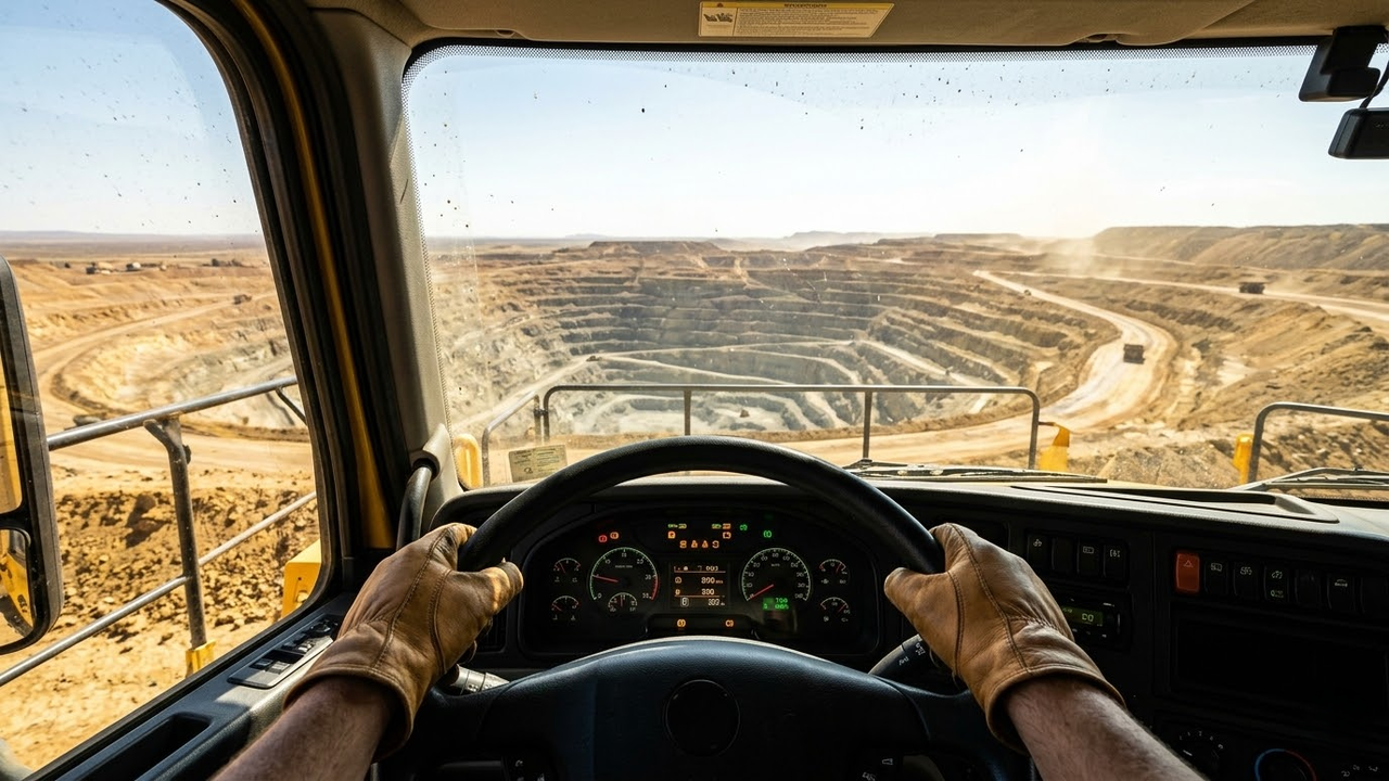 Visão em primeira pessoa de dentro de um caminhão gigante de mineração no deserto.
