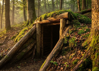 Entrada camuflada de abrigo subterrâneo na floresta ao entardecer.
