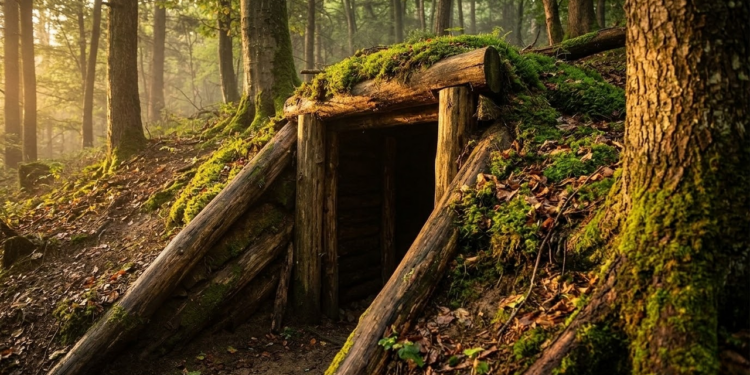 Entrada camuflada de abrigo subterrâneo na floresta ao entardecer.