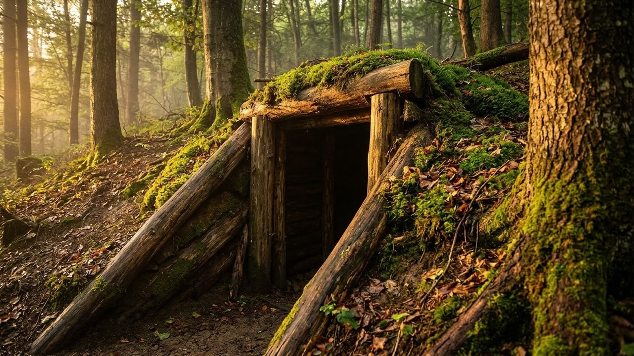 Entrada camuflada de abrigo subterrâneo na floresta ao entardecer.