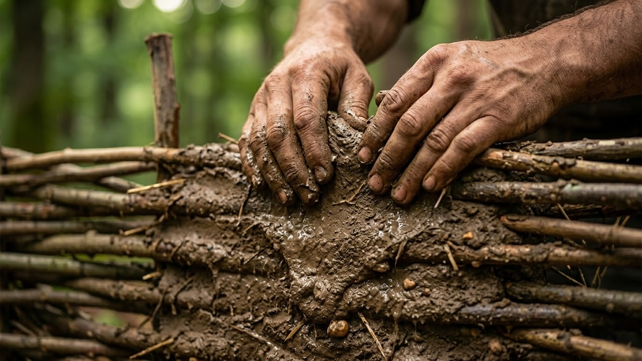 Mãos sujas de terra moldando parede de argila e galhos.