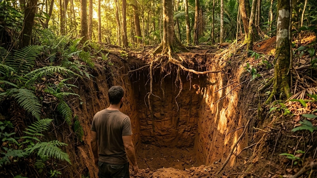 Homem observa a escavação profunda da base do abrigo no barranco.
