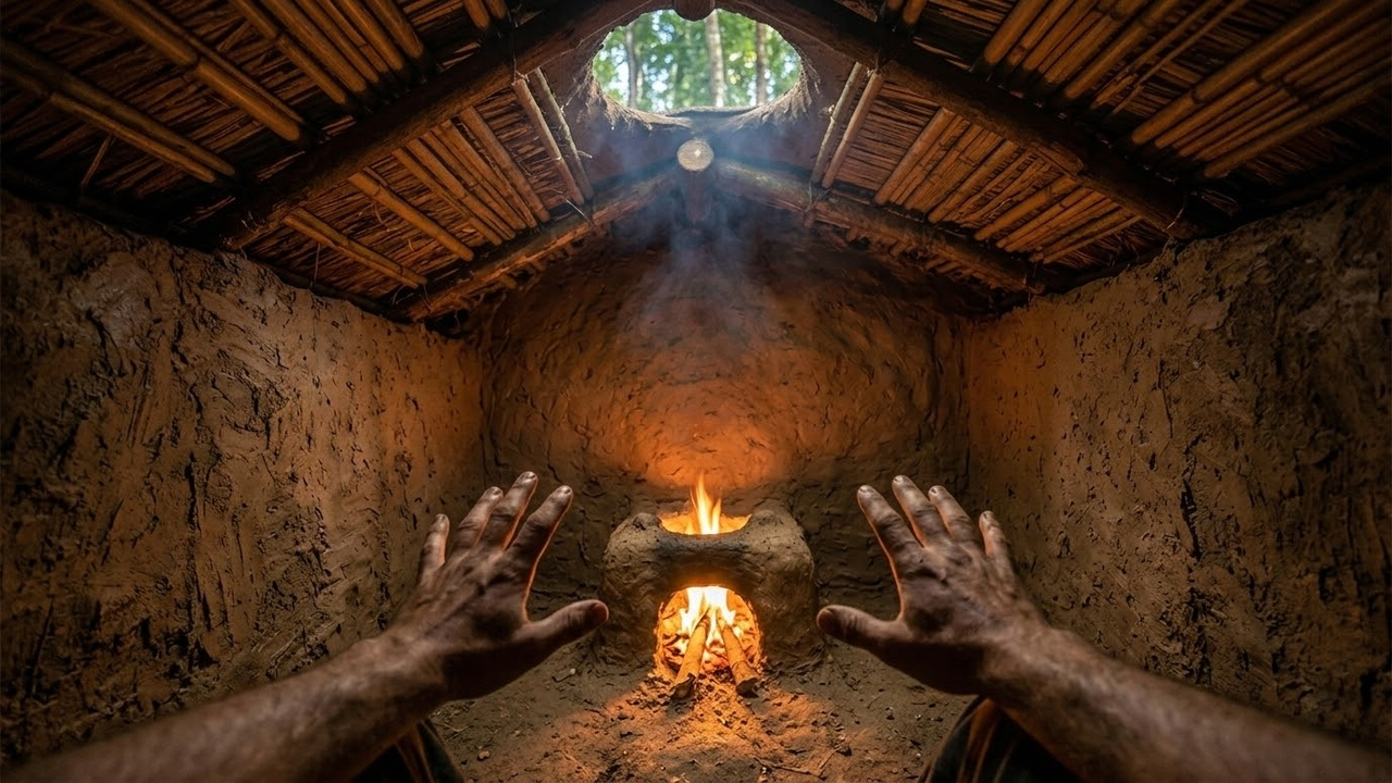 Visão de dentro do abrigo com fogo aquecendo o ambiente de barro.