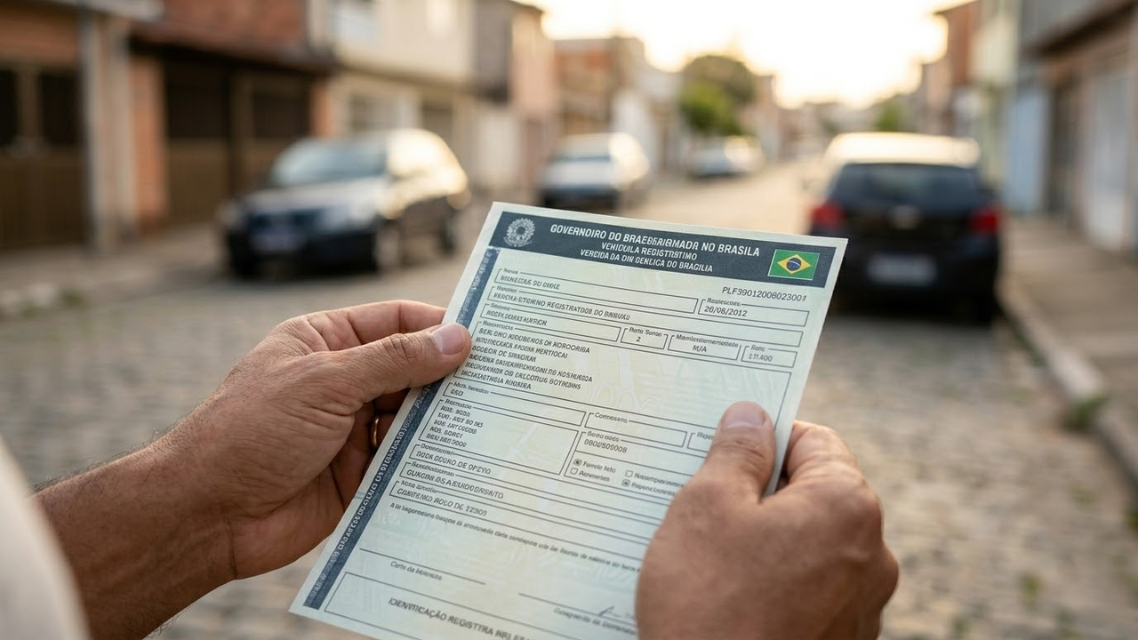 Mãos segurando o documento do veículo com uma avenida brasileira desfocada ao fundo