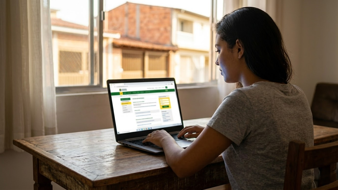 Mulher pesquisando no computador em uma mesa de madeira com fundo de bairro residencial