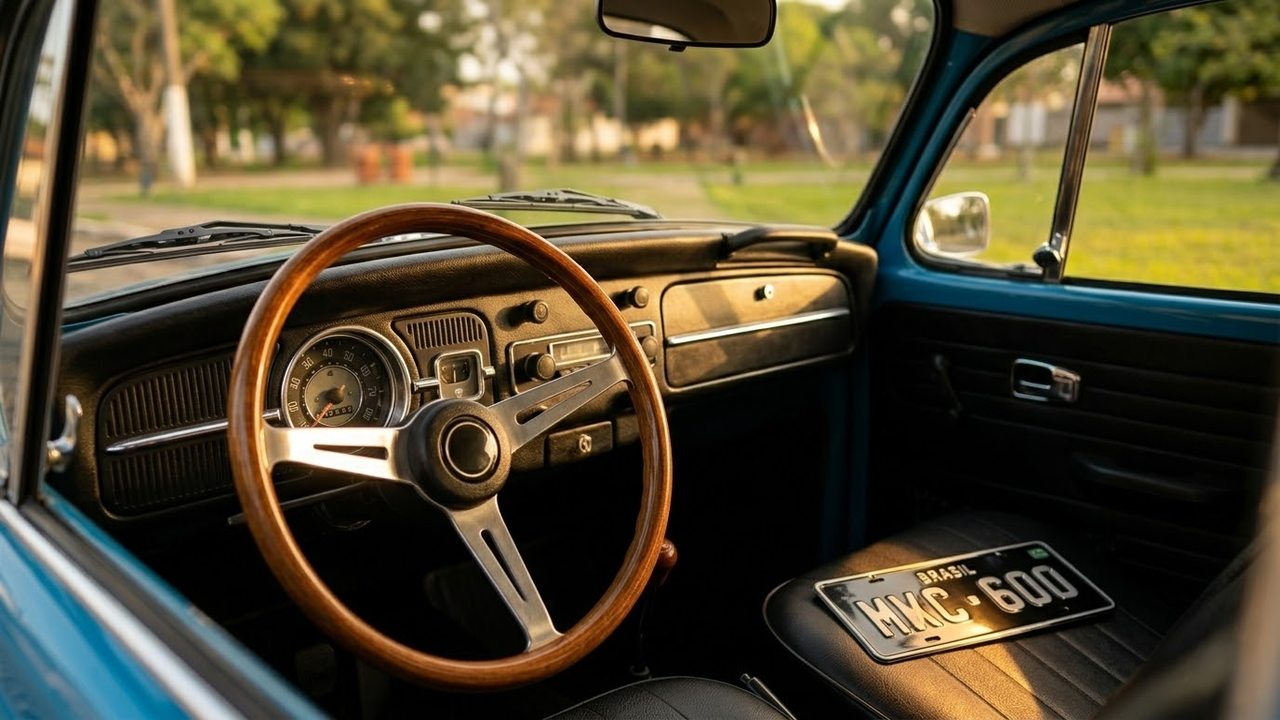 Visão em primeira pessoa do volante de um carro antigo com a placa preta no banco do passageiro