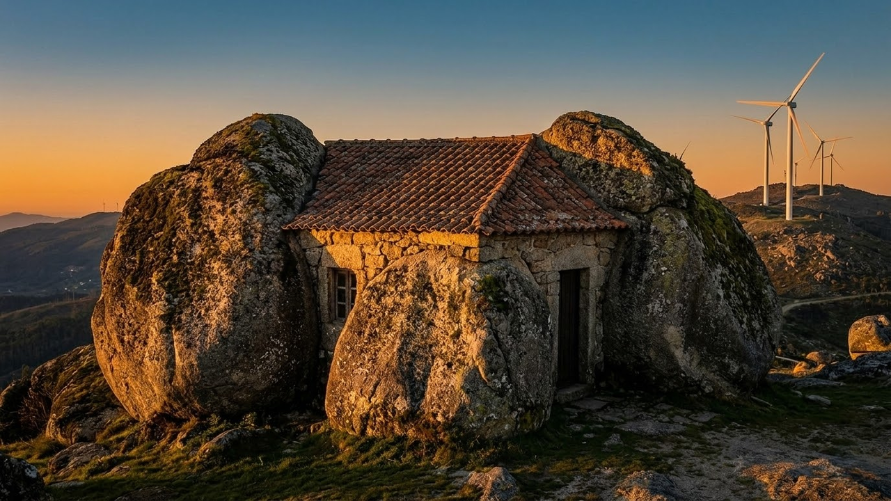 Vista panorâmica da Casa do Penedo ao pôr do sol com aerogeradores ao fundo.