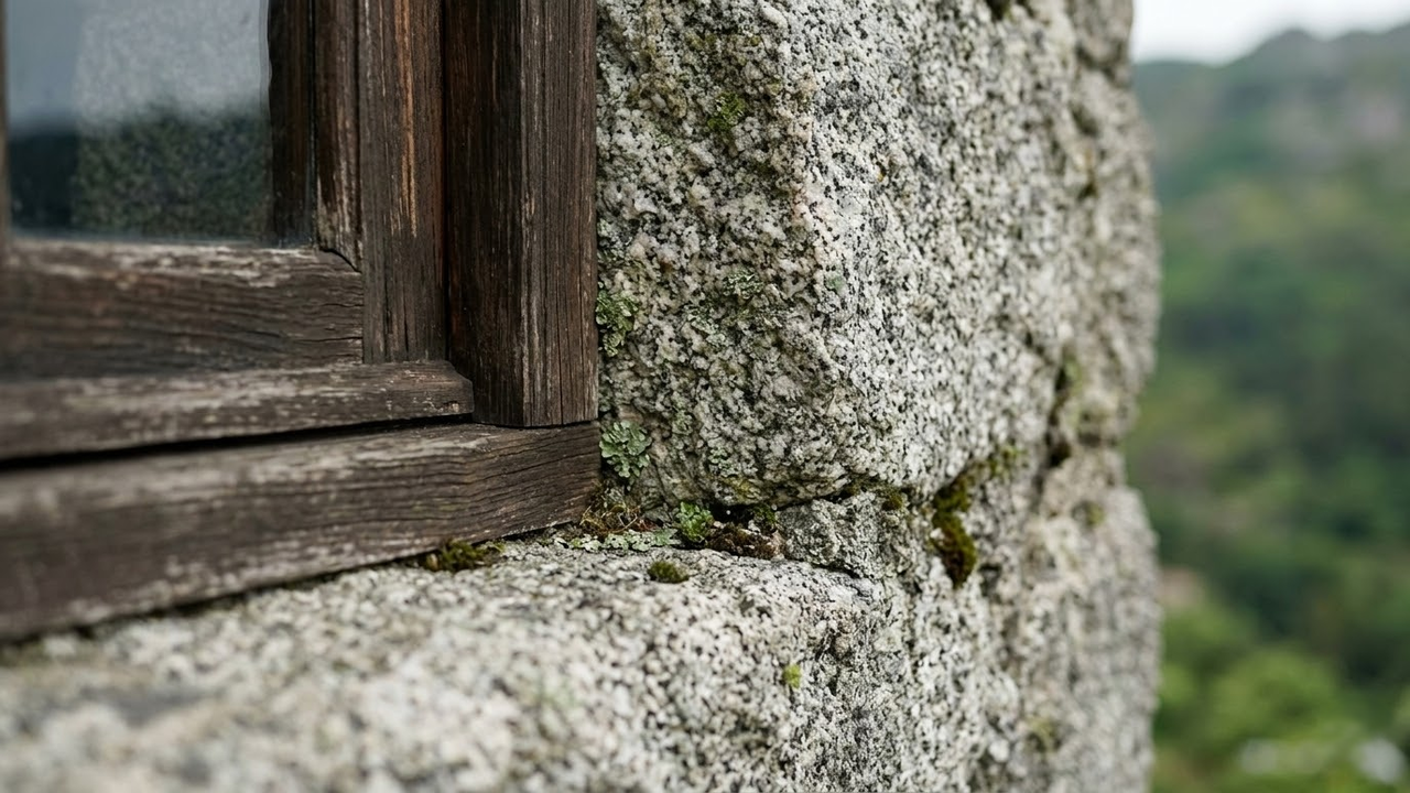 Detalhe aproximado de uma janela rústica de madeira integrada ao granito bruto.