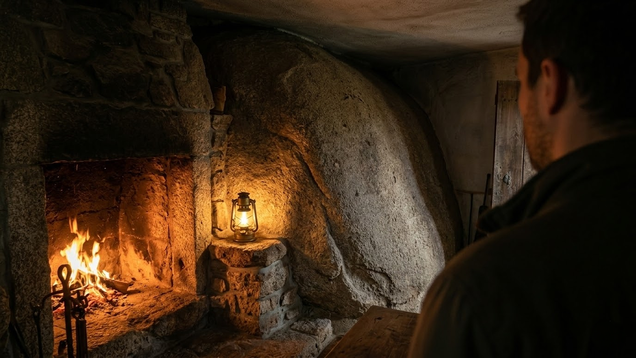 Interior acolhedor da casa de pedra iluminado pela luz quente de uma lareira.