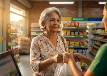 Idosa brasileira sorridente sendo atendida com respeito em um supermercado iluminado.