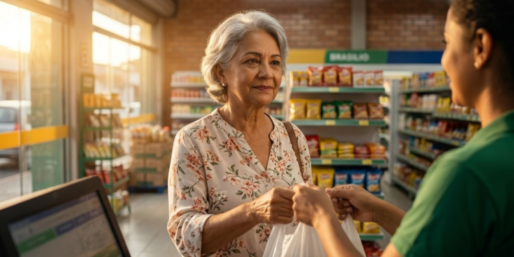 Idosa brasileira sorridente sendo atendida com respeito em um supermercado iluminado.