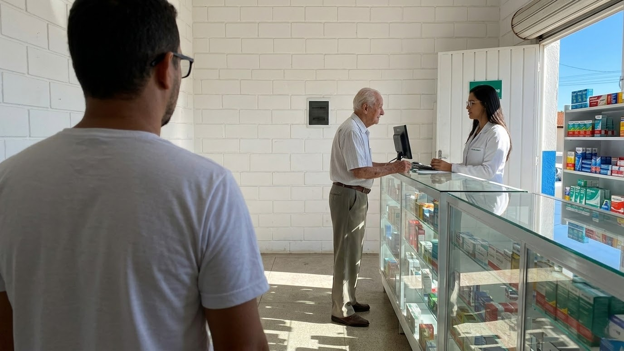 Idoso com mais de 80 anos recebendo atendimento prioritário especial em uma farmácia
