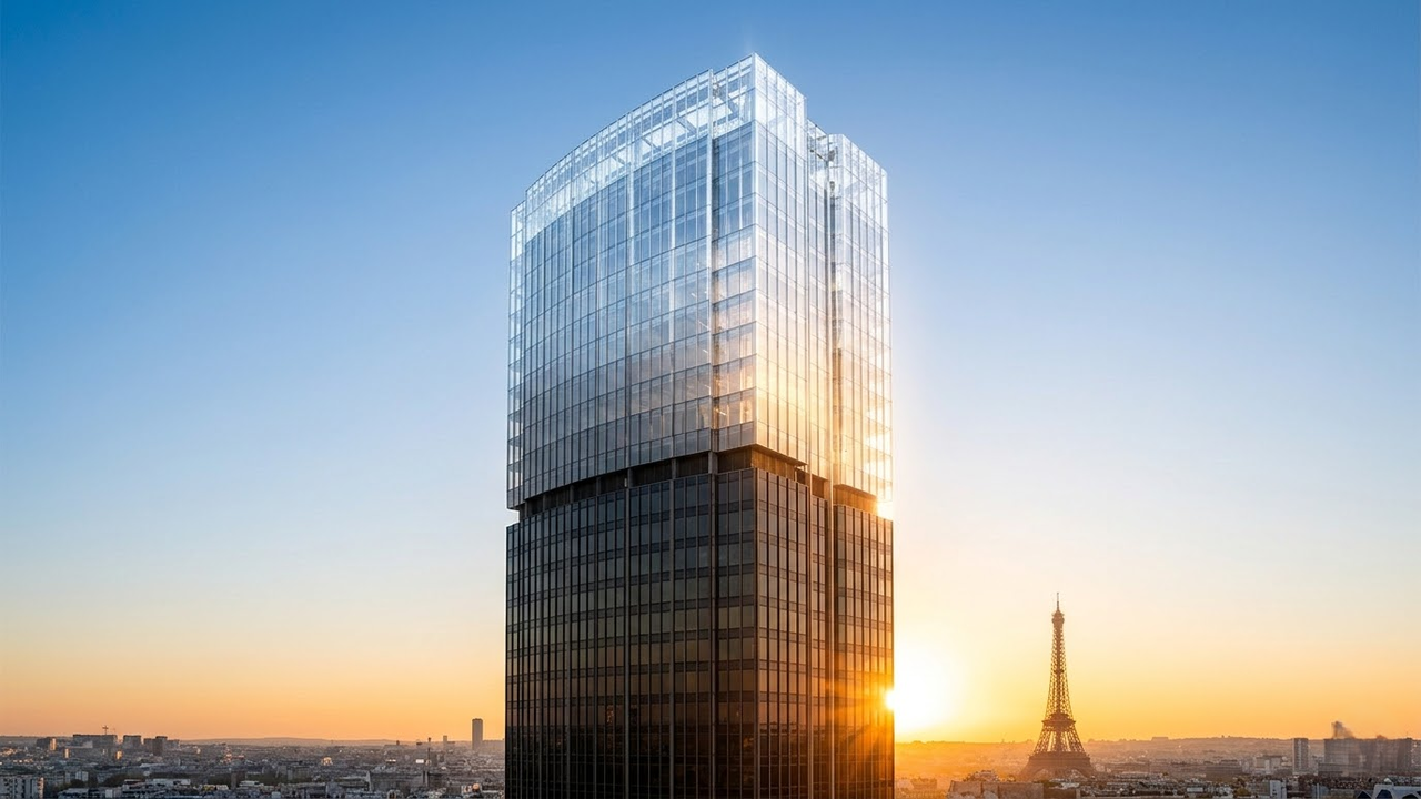 Torre Montparnasse em transição de vidro escuro para fachada translúcida sob o pôr do sol de Paris