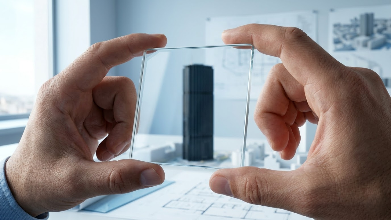 Close detalhado de arquiteto segurando o novo vidro tecnológico da fachada.