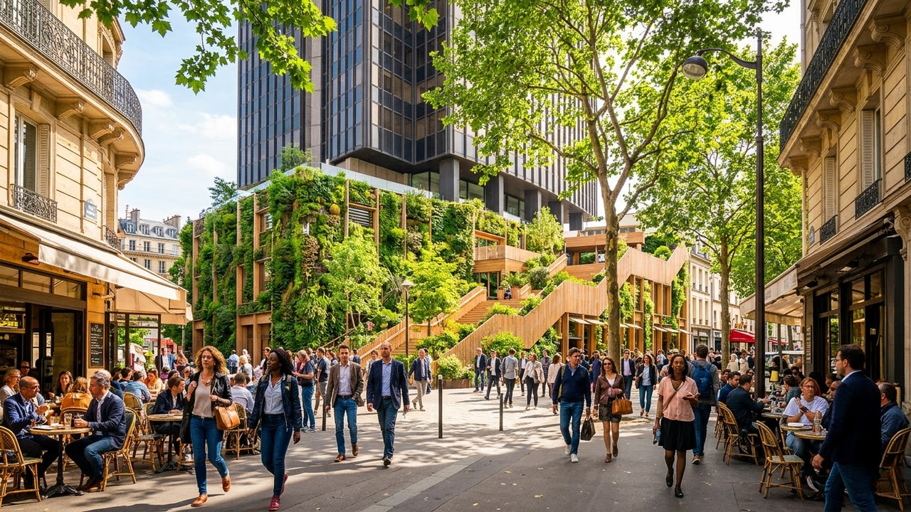 Vista da base da torre com jardins verticais e movimento de pedestres em Paris.