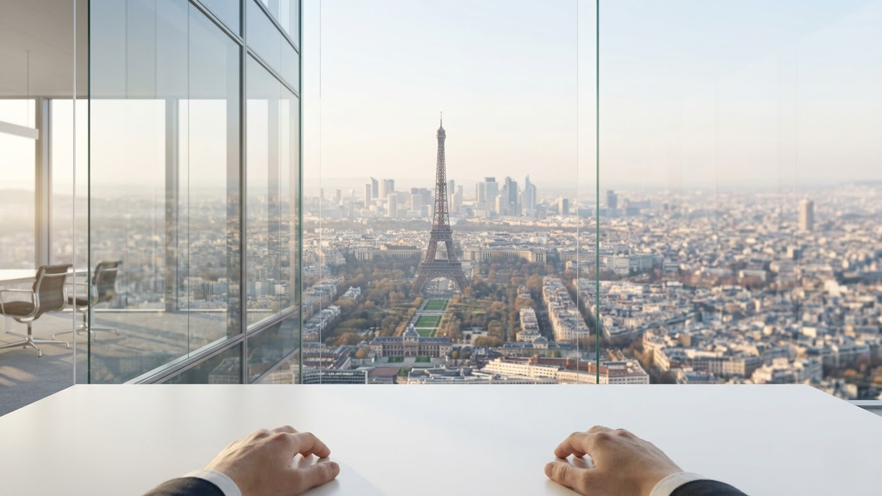 Visão em primeira pessoa de um escritório moderno com vista panorâmica de Paris.
