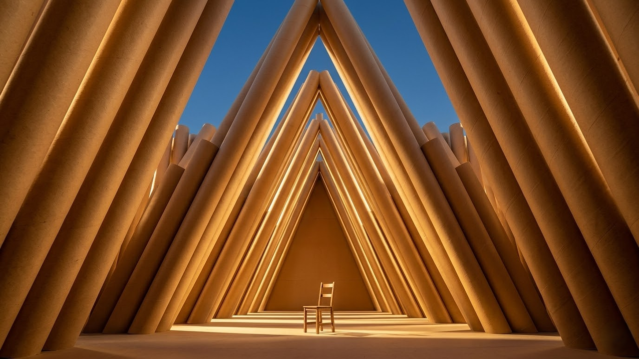 Catedral de tubos de papelão com iluminação dourada dramática e monumental.