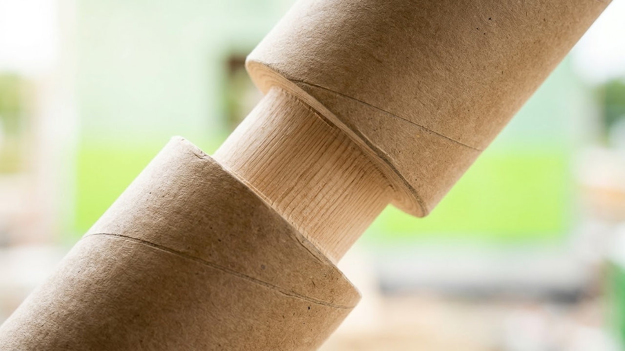 Detalhe macro de tubos de papelão e encaixes de madeira sob luz natural.